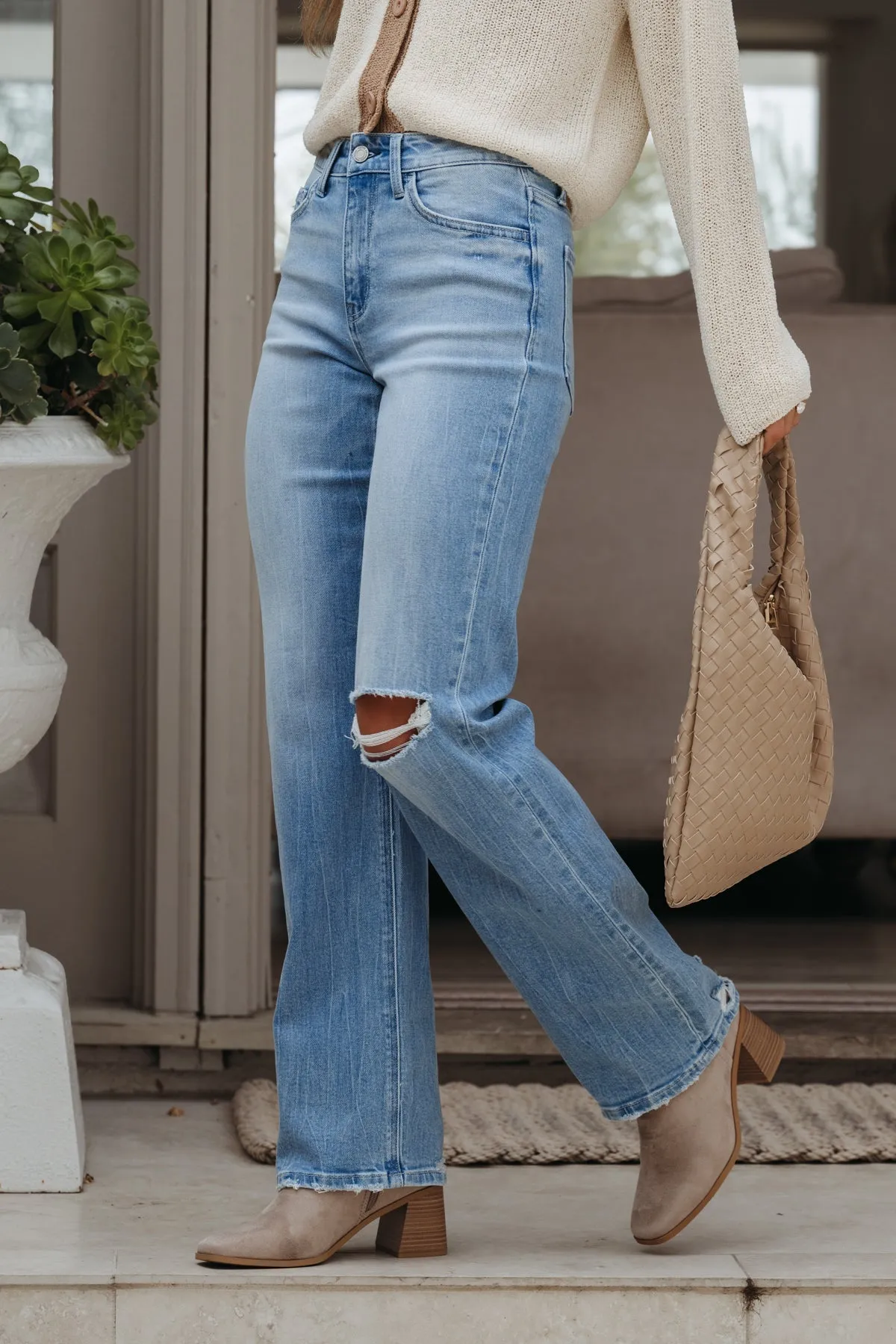 Light Wash High Rise Distressed Slim Wide Leg Jeans - FINAL SALE