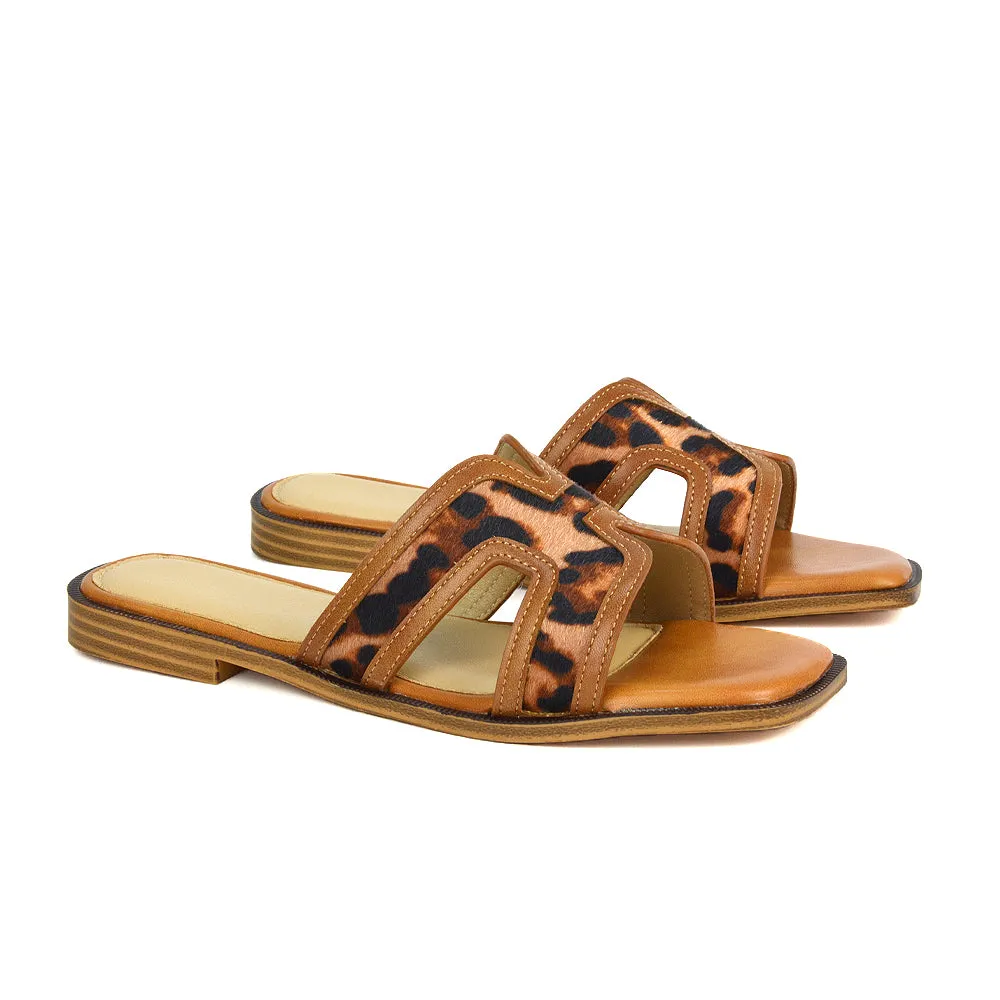 Lola Cut Out Strap Flat Holiday Sandals Summer Slip On Slides in Black