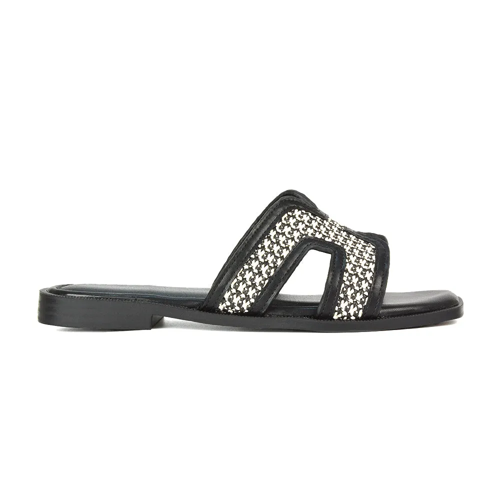 Lola Cut Out Strap Flat Holiday Sandals Summer Slip On Slides in Black