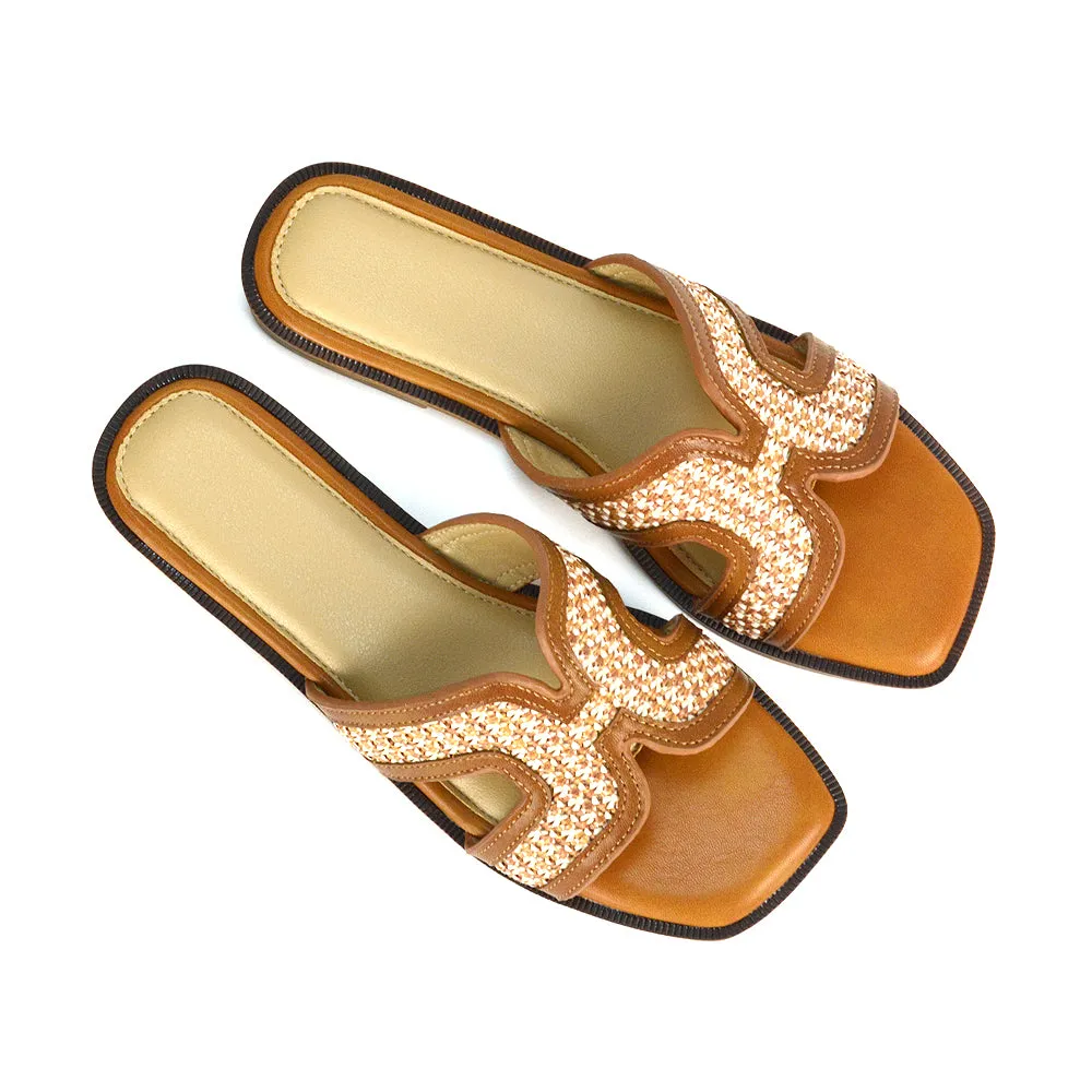 Lola Cut Out Strap Flat Holiday Sandals Summer Slip On Slides in Black