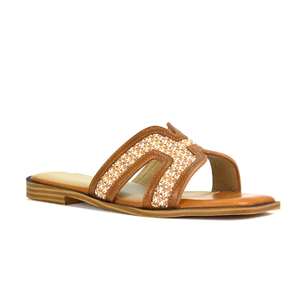 Lola Cut Out Strap Flat Holiday Sandals Summer Slip On Slides in Black