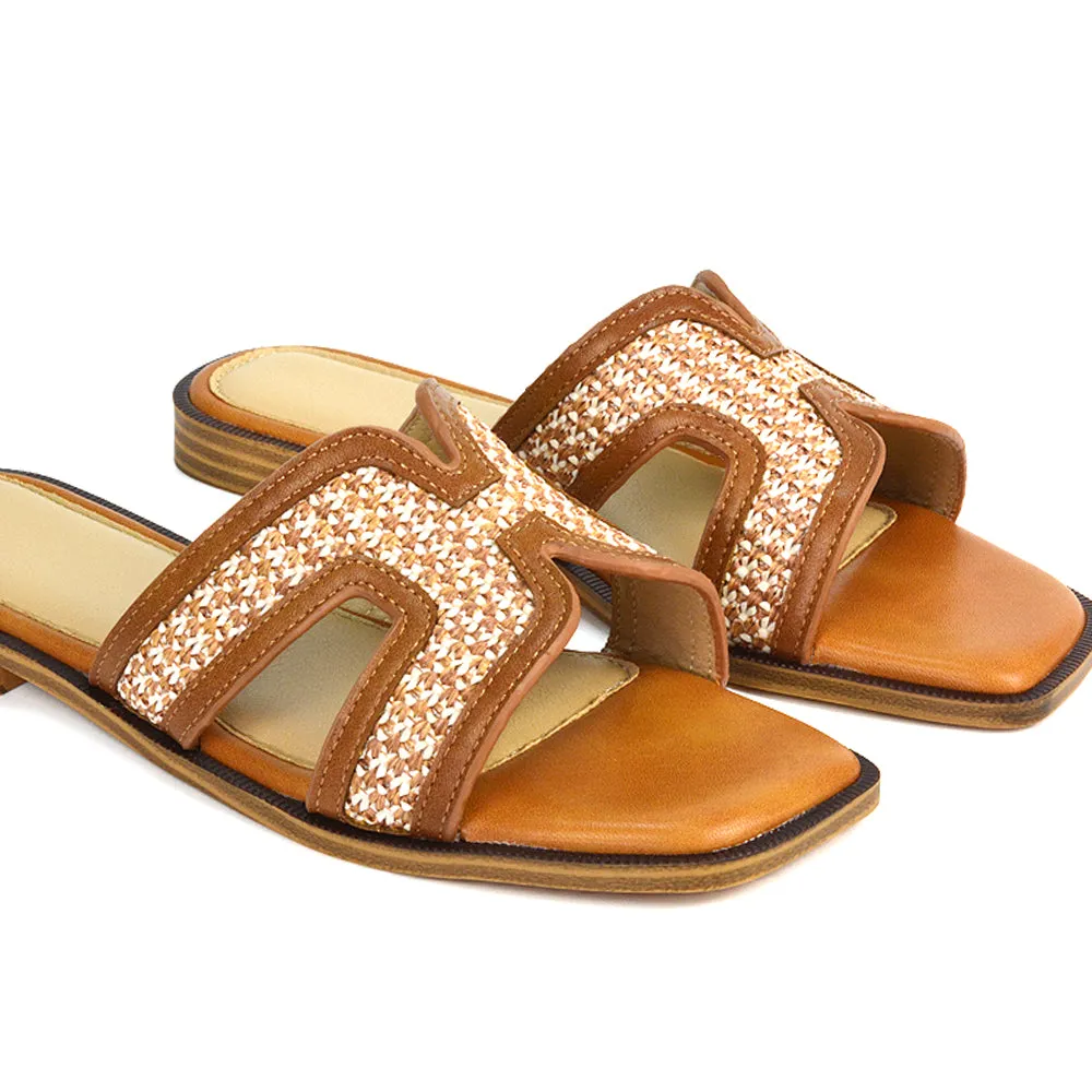 Lola Cut Out Strap Flat Holiday Sandals Summer Slip On Slides in Black