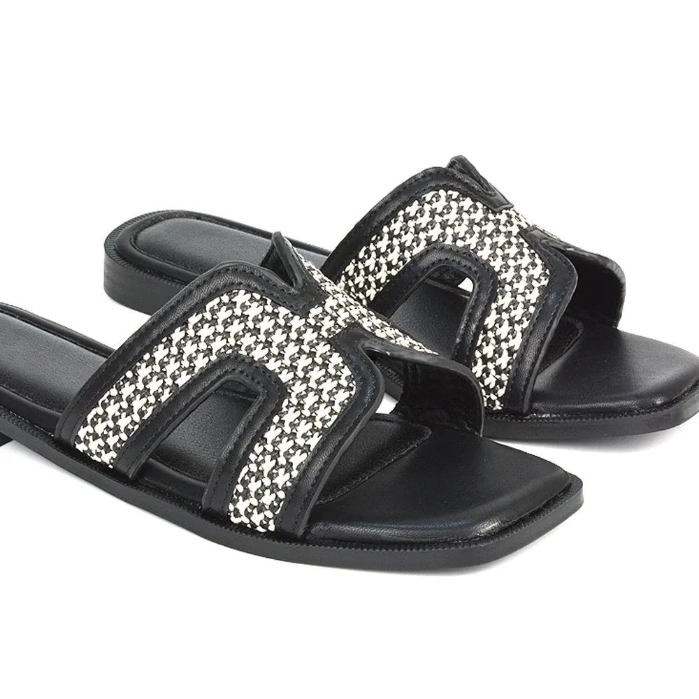 Lola Cut Out Strap Flat Holiday Sandals Summer Slip On Slides in Black