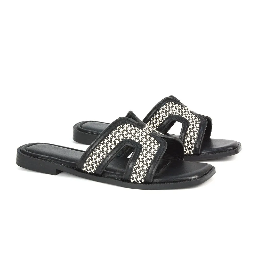 Lola Cut Out Strap Flat Holiday Sandals Summer Slip On Slides in Black