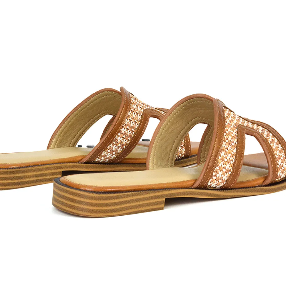 Lola Cut Out Strap Flat Holiday Sandals Summer Slip On Slides in Black