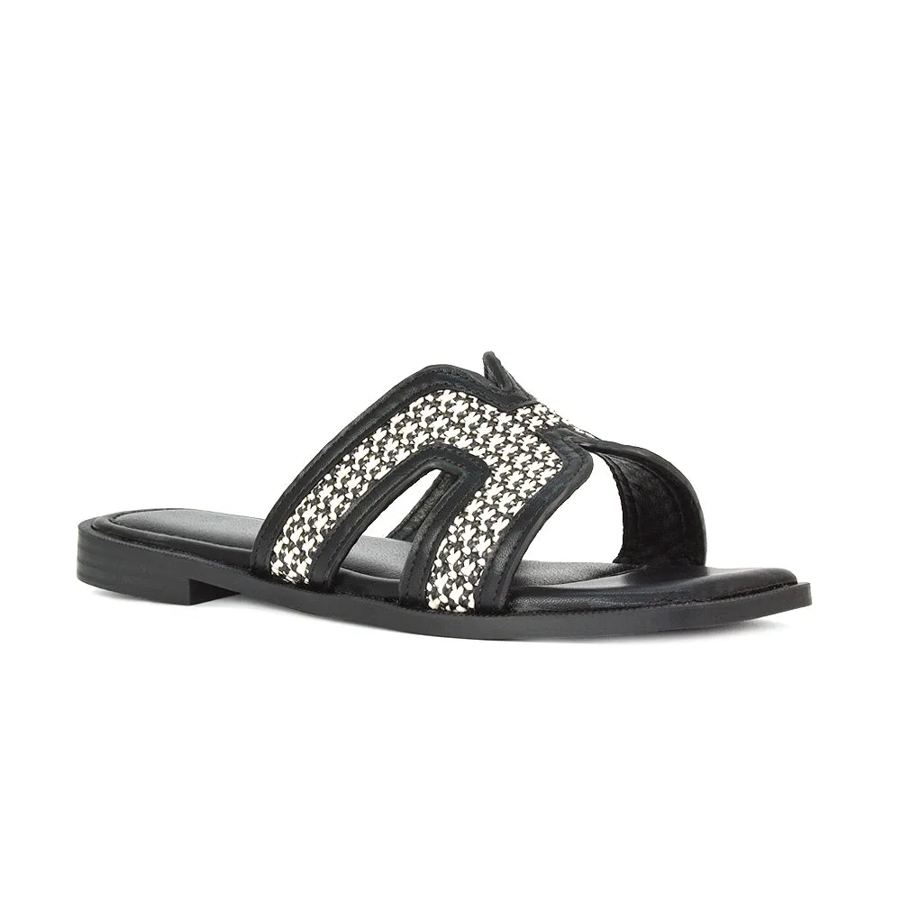 Lola Cut Out Strap Flat Holiday Sandals Summer Slip On Slides in Black