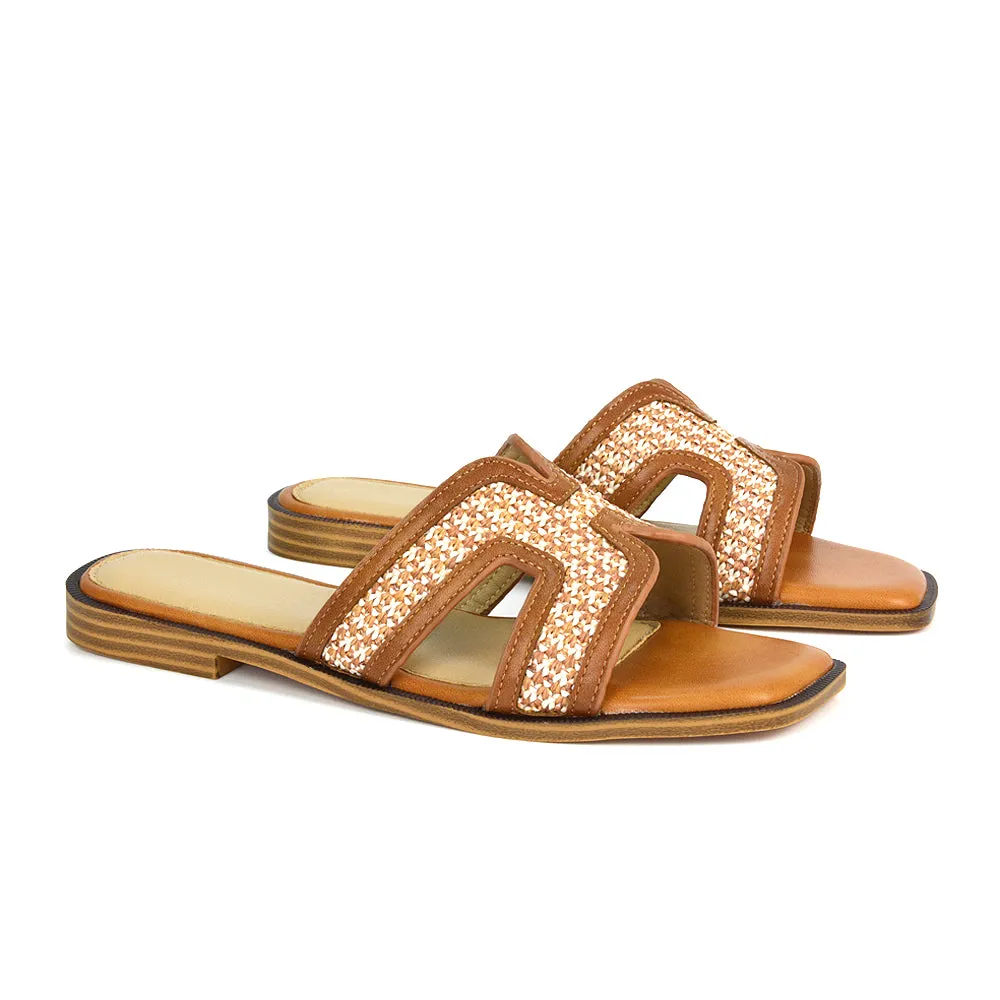 Lola Cut Out Strap Flat Holiday Sandals Summer Slip On Slides in Black
