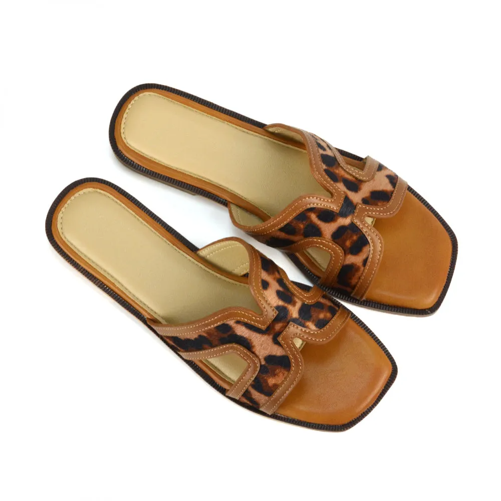 Lola Cut Out Strap Flat Holiday Sandals Summer Slip On Slides in Leopard