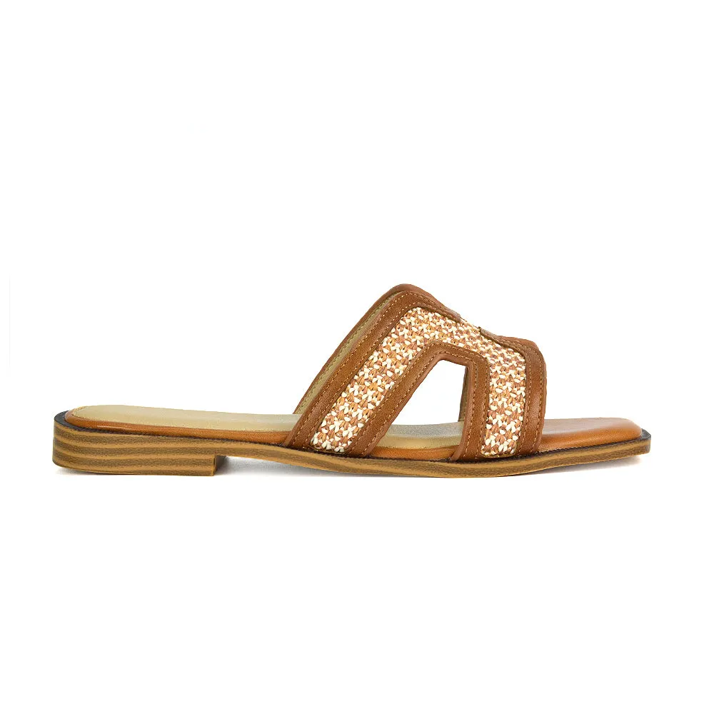 Lola Cut Out Strap Flat Holiday Sandals Summer Slip On Slides in Leopard