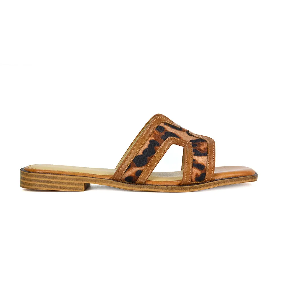 Lola Cut Out Strap Flat Holiday Sandals Summer Slip On Slides in Leopard