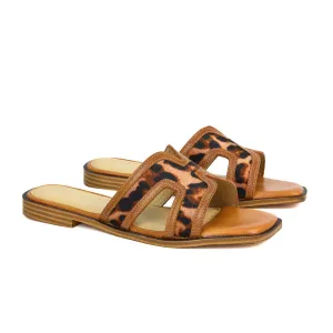 Lola Cut Out Strap Flat Holiday Sandals Summer Slip On Slides in Leopard
