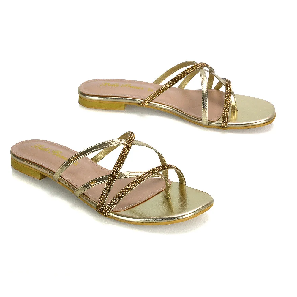 LORETTA CROSS OVER STRAPPY SLIP ON FLAT DIAMANTE SANDALS IN BLACK PATENT