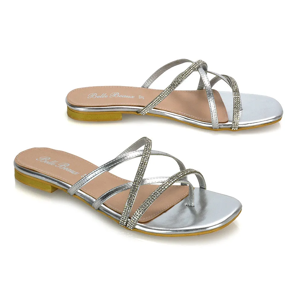 LORETTA CROSS OVER STRAPPY SLIP ON FLAT DIAMANTE SANDALS IN BLACK PATENT