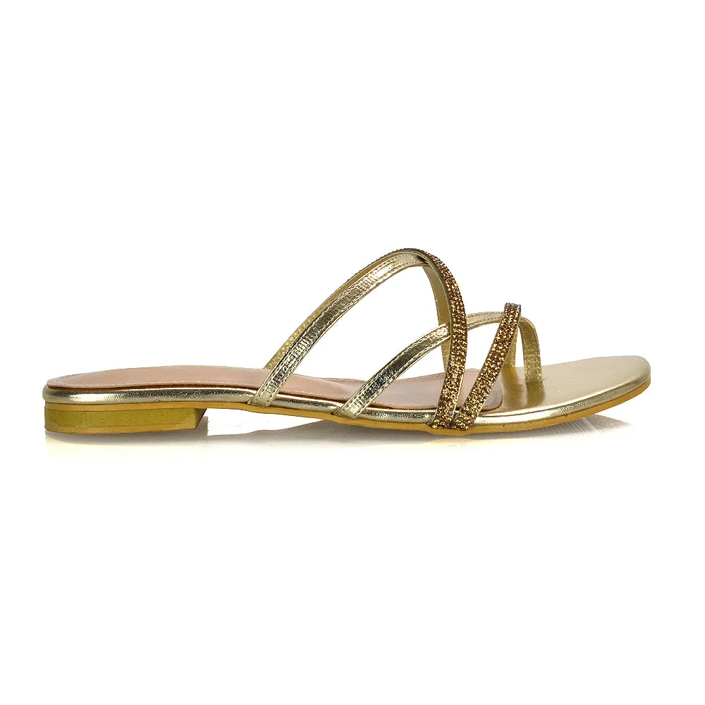 LORETTA CROSS OVER STRAPPY SLIP ON FLAT DIAMANTE SANDALS IN BLACK PATENT