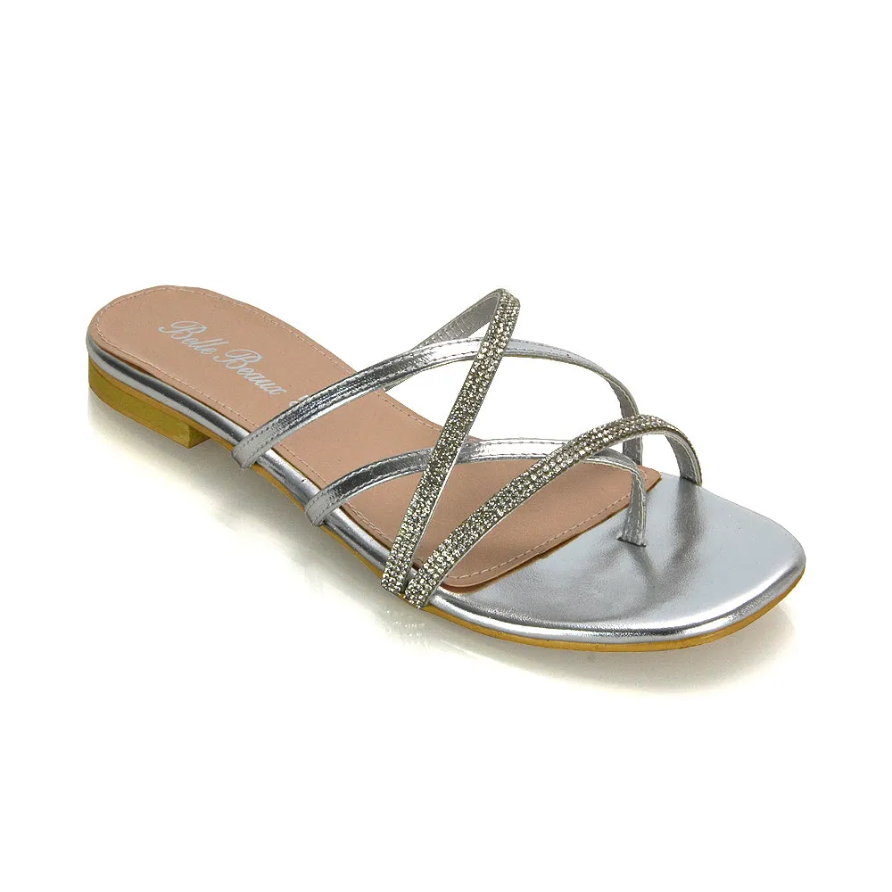 LORETTA CROSS OVER STRAPPY SLIP ON FLAT DIAMANTE SANDALS IN BLACK PATENT