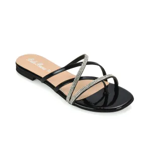 LORETTA CROSS OVER STRAPPY SLIP ON FLAT DIAMANTE SANDALS IN BLACK PATENT
