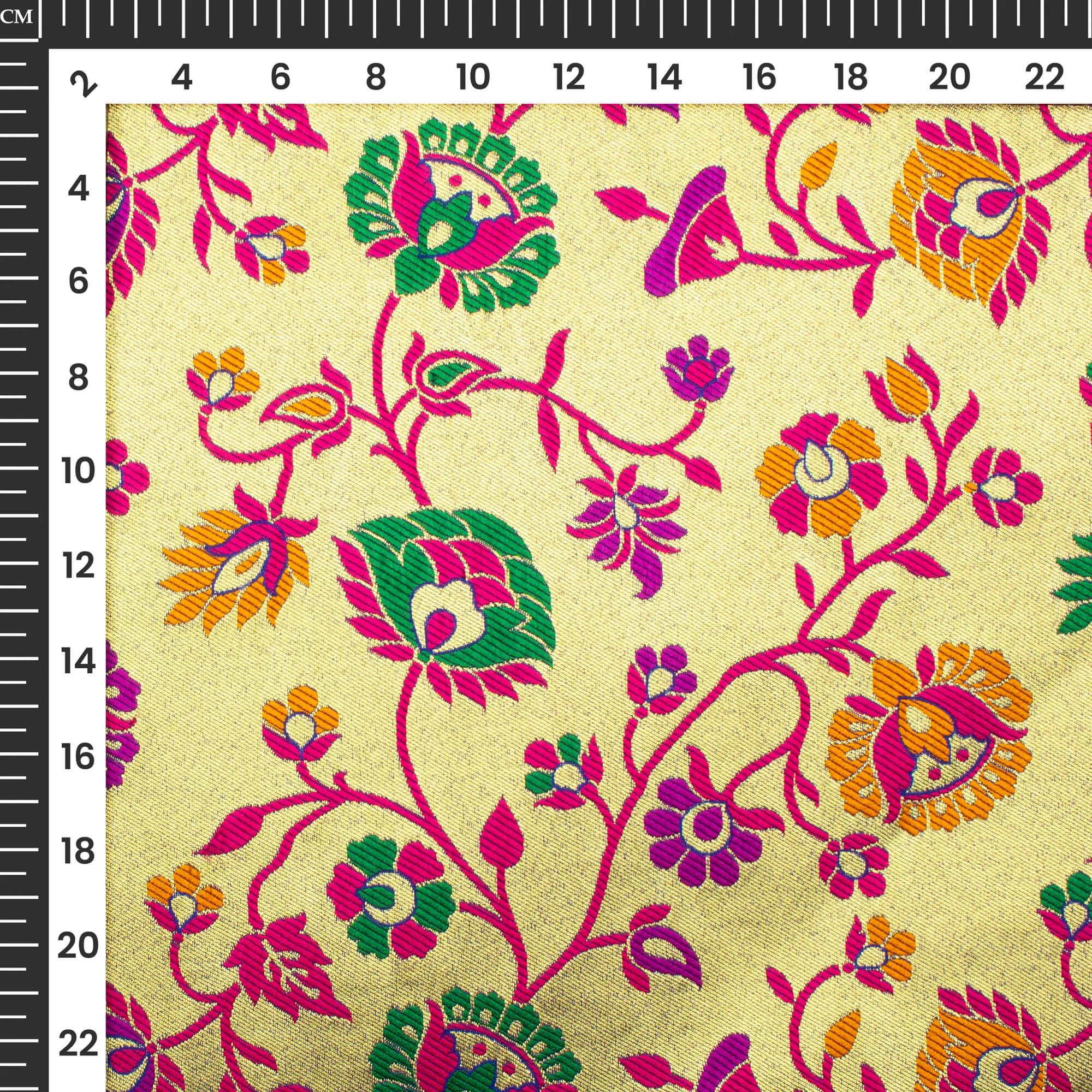 Magenta Pink And Golden Floral Pattern Pure Katan Tissue Banarasi Silk Fabric