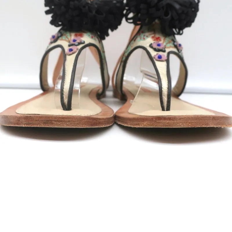 Meher Kakalia Tiki Sofia Tassel Sandals Beaded Embroidered Leather Size 41