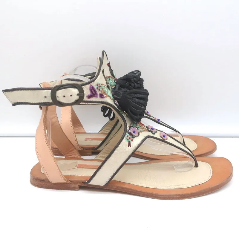 Meher Kakalia Tiki Sofia Tassel Sandals Beaded Embroidered Leather Size 41