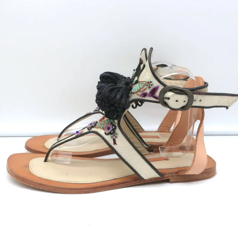 Meher Kakalia Tiki Sofia Tassel Sandals Beaded Embroidered Leather Size 41