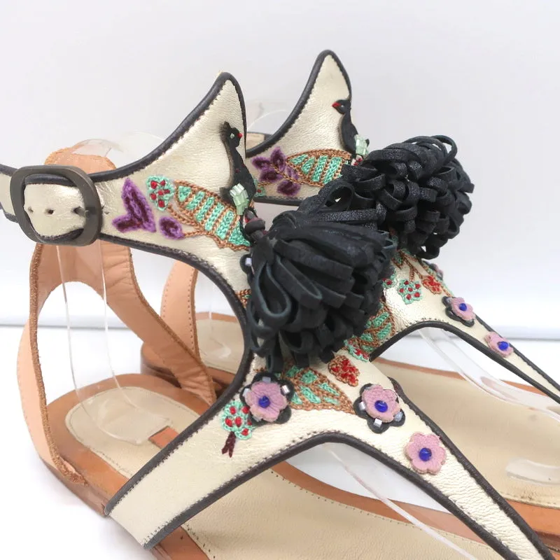 Meher Kakalia Tiki Sofia Tassel Sandals Beaded Embroidered Leather Size 41