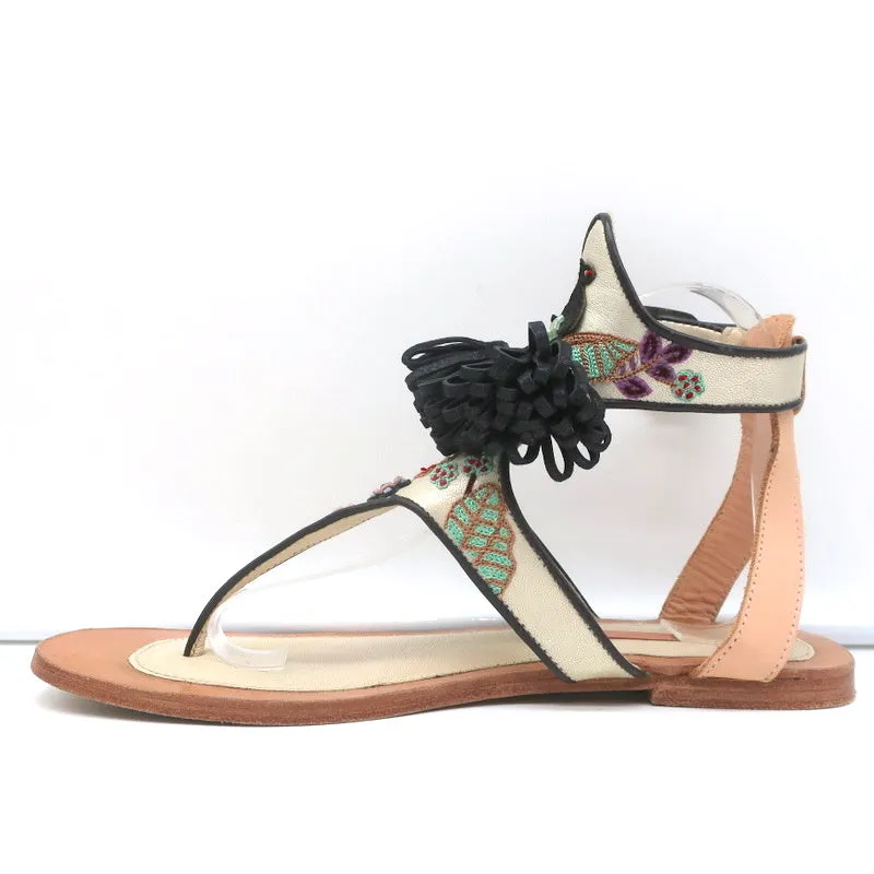 Meher Kakalia Tiki Sofia Tassel Sandals Beaded Embroidered Leather Size 41