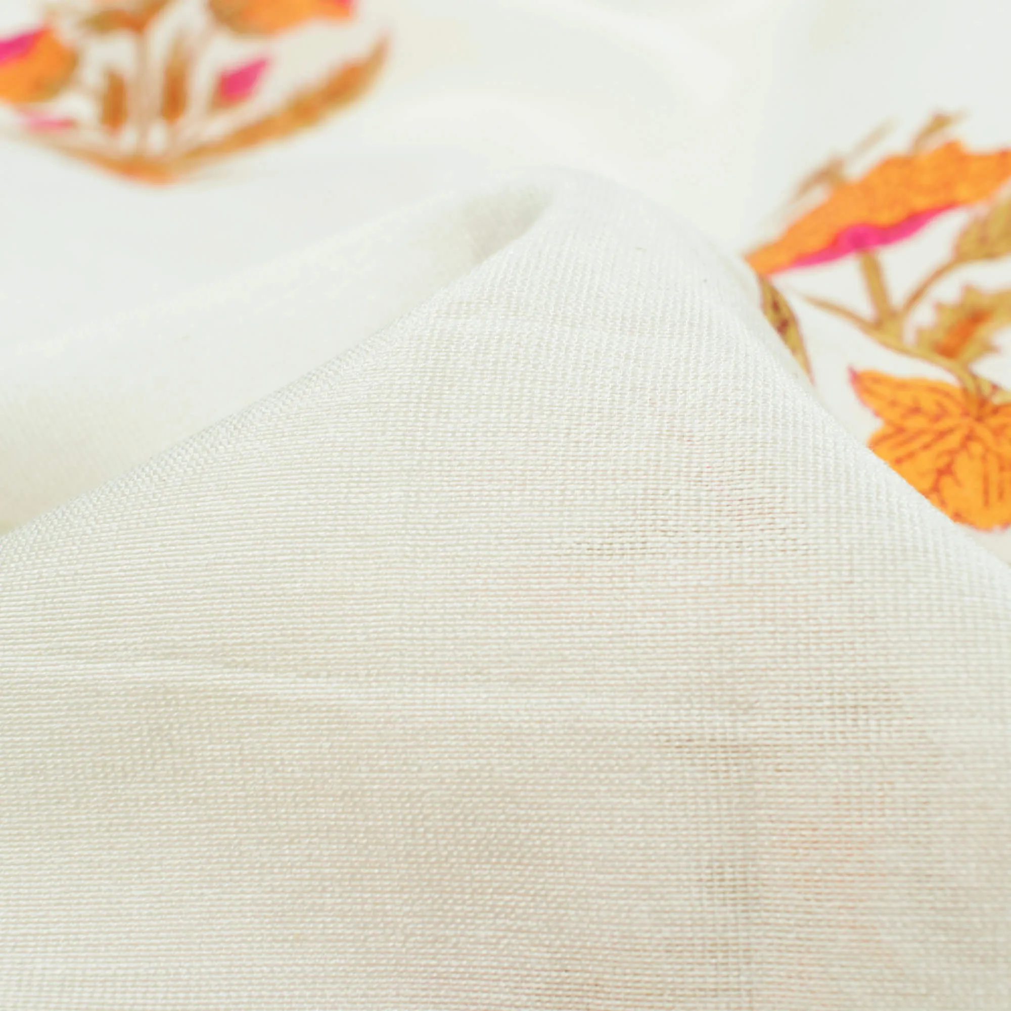 Off White And Marigold Yellow Floral Pattern Handblock Pure Banarasi Chanderi Fabric