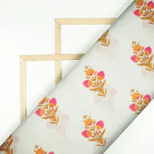 Off White And Marigold Yellow Floral Pattern Handblock Pure Banarasi Chanderi Fabric