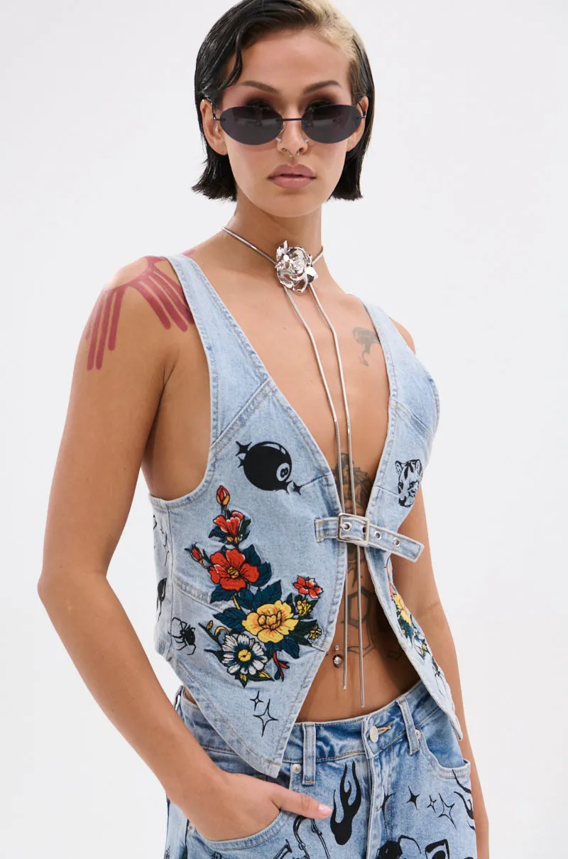 OUT OF MY LEAGUE DENIM HALTER TOP