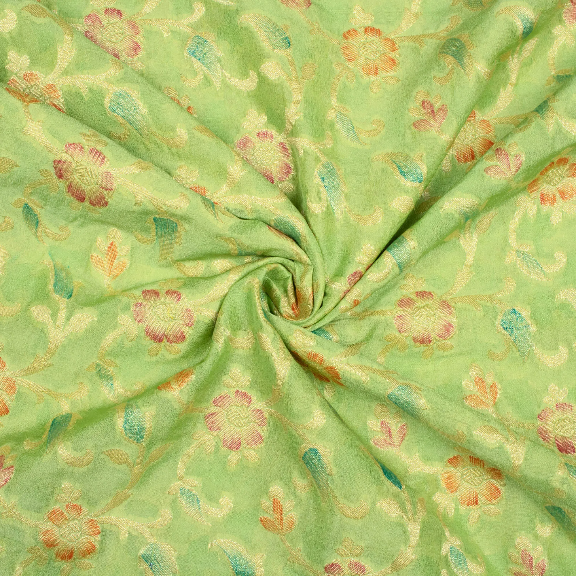 Pistachio Green And Red Floral Pattern Zari Jacquard Banarasi Chiffon Satin Fabric