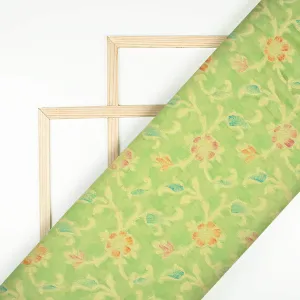 Pistachio Green And Red Floral Pattern Zari Jacquard Banarasi Chiffon Satin Fabric