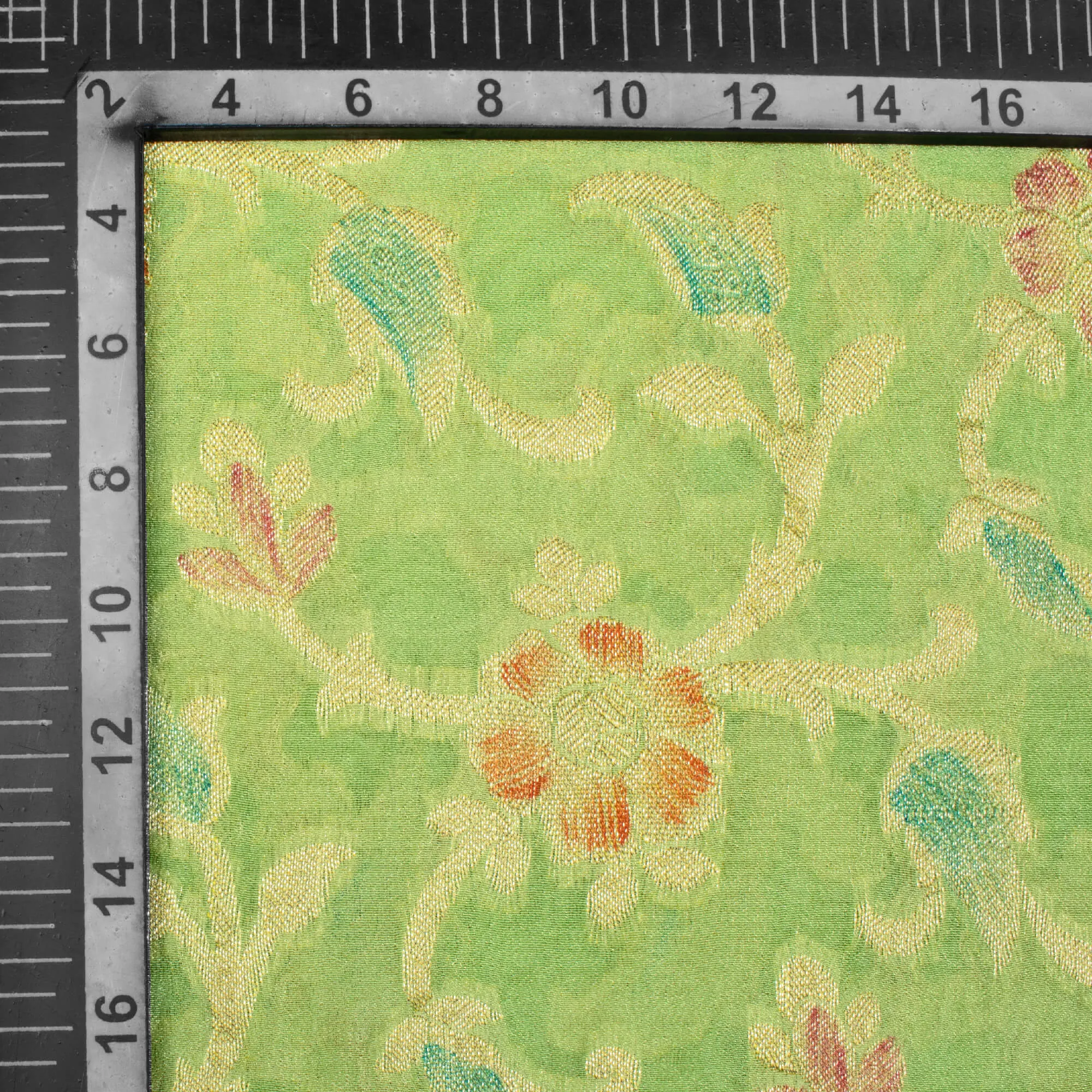 Pistachio Green And Red Floral Pattern Zari Jacquard Banarasi Chiffon Satin Fabric