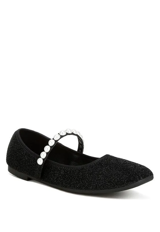 Shontel Glitter Ballerinas – Pearl Embellished Flats with Strap