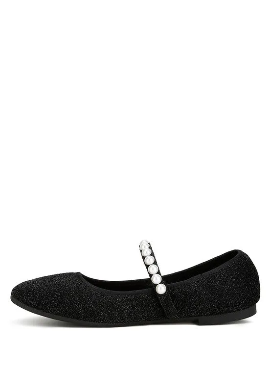 Shontel Glitter Ballerinas – Pearl Embellished Flats with Strap