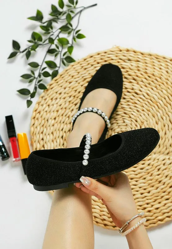 Shontel Glitter Ballerinas – Pearl Embellished Flats with Strap