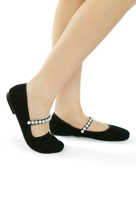 Shontel Glitter Ballerinas – Pearl Embellished Flats with Strap