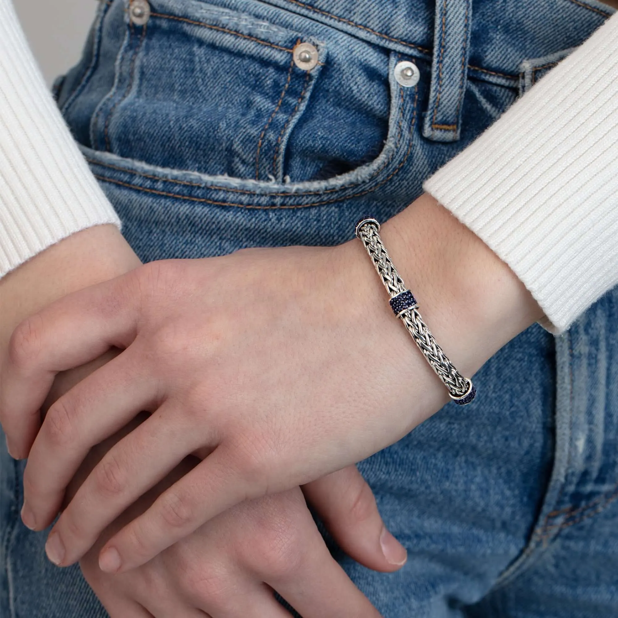 Silver Woven Chain Sapphire Three Station Bracelet