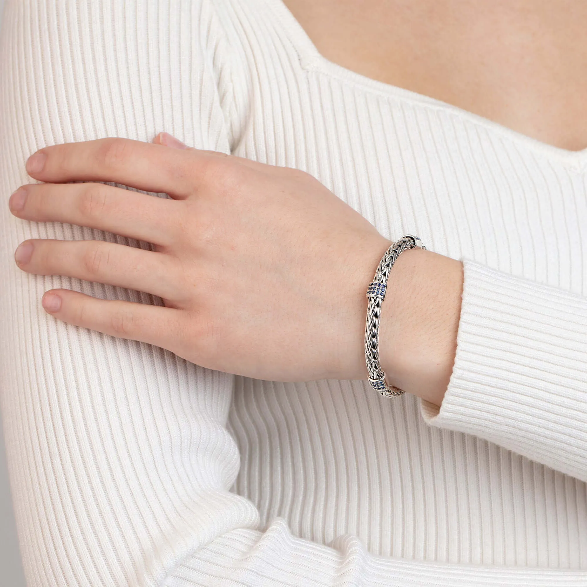 Silver Woven Chain Sapphire Three Station Bracelet