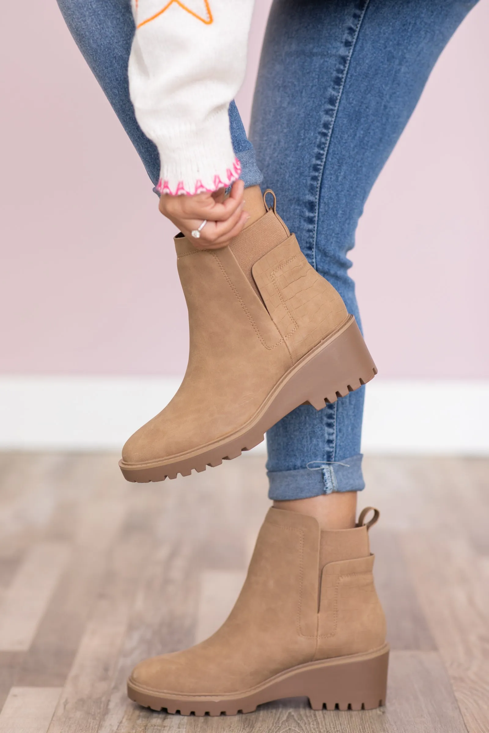 Tan Lug Sole Wedge Booties