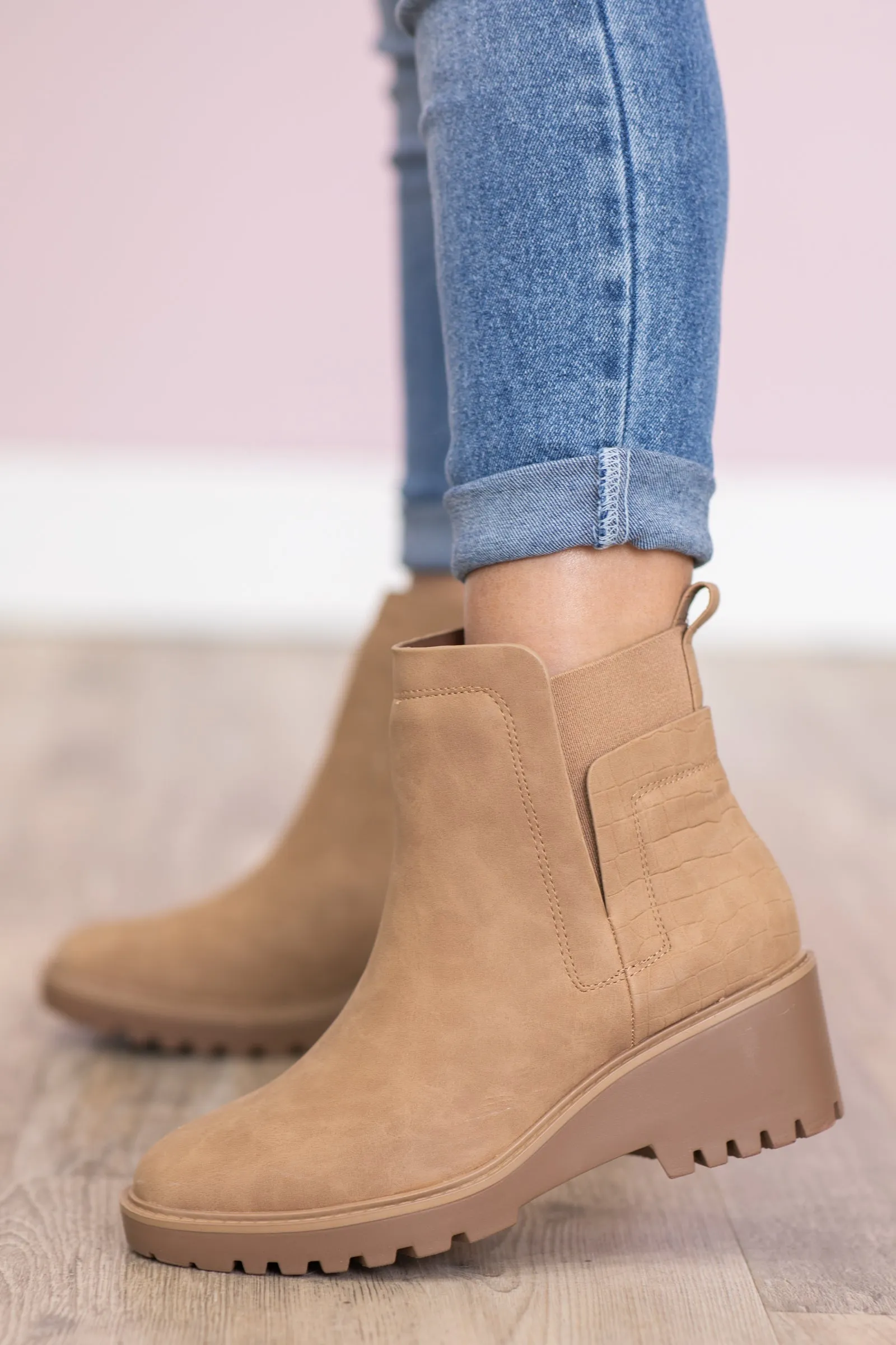 Tan Lug Sole Wedge Booties