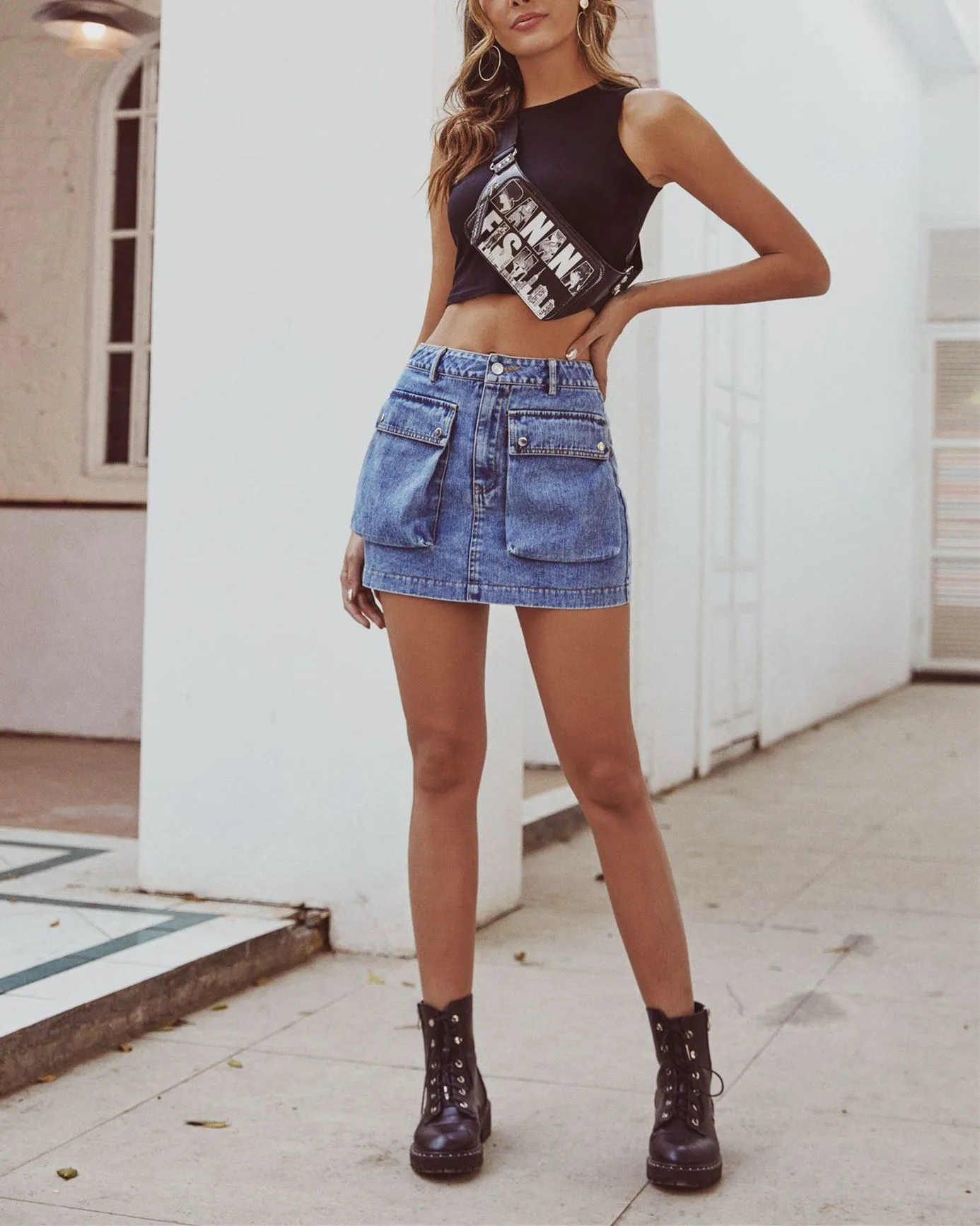 Vintage High Waist Denim Skirt - Light Blue
