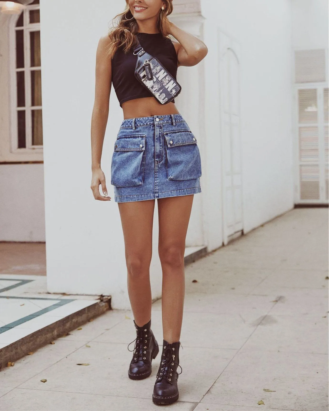 Vintage High Waist Denim Skirt - Light Blue
