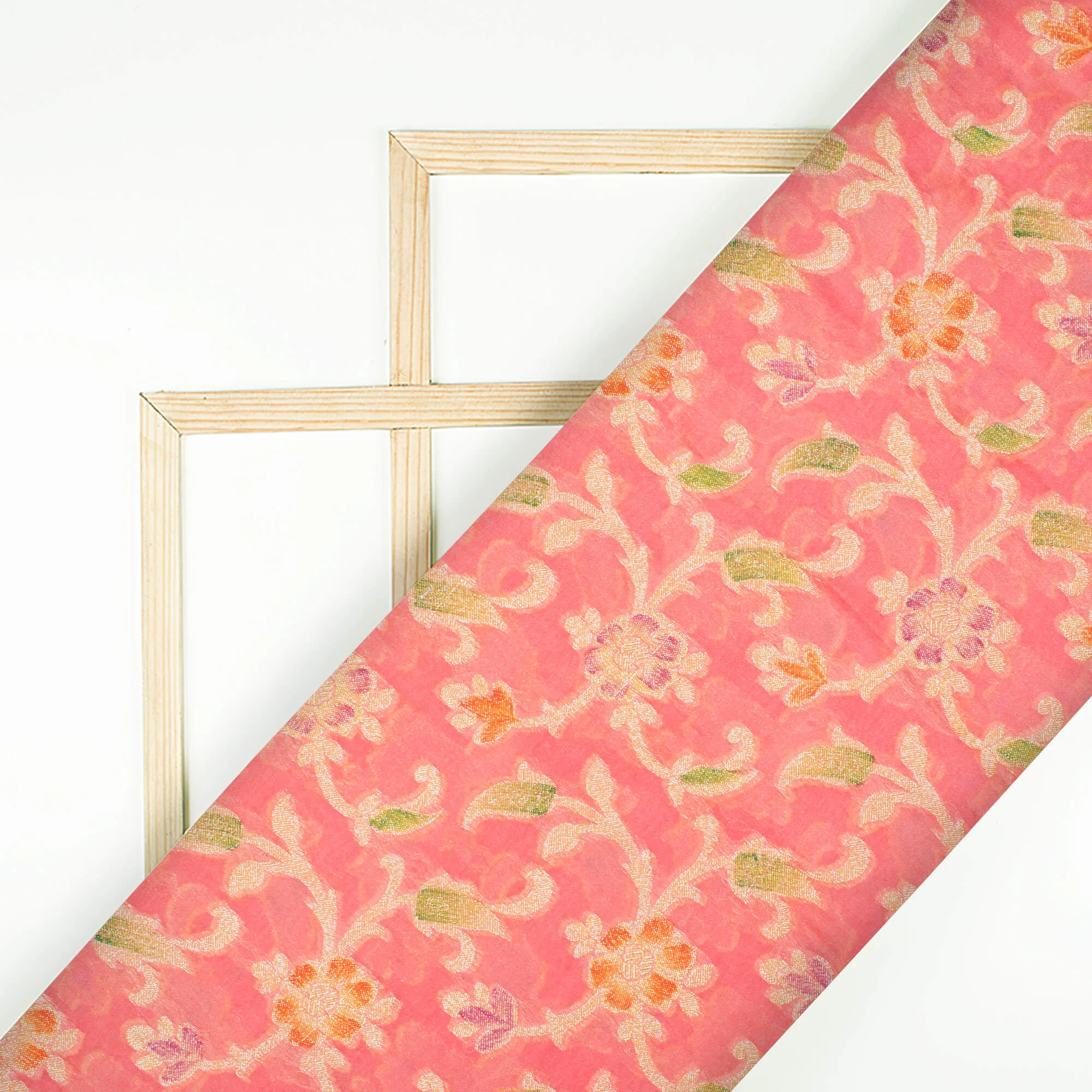 Watermelon Pink And Green Floral Pattern Zari Jacquard Banarasi Chiffon Satin Fabric