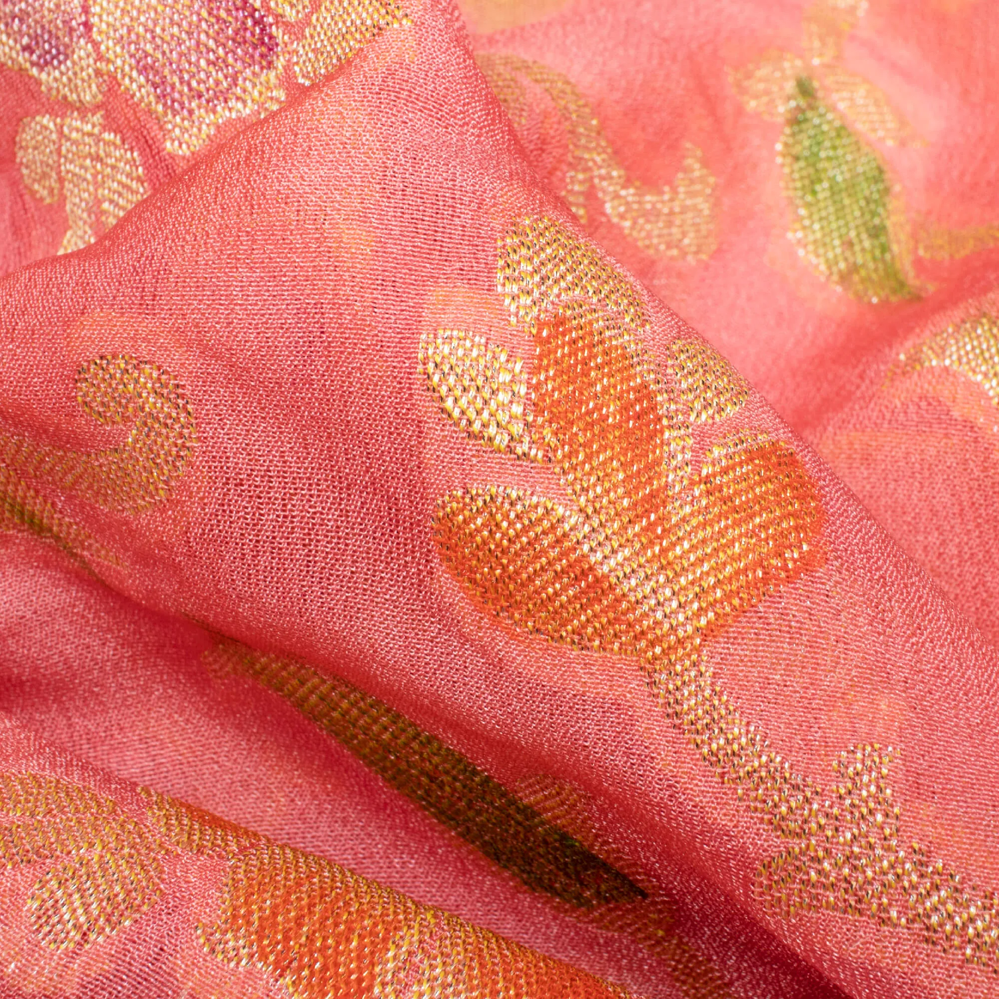 Watermelon Pink And Green Floral Pattern Zari Jacquard Banarasi Chiffon Satin Fabric
