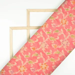 Watermelon Pink And Green Floral Pattern Zari Jacquard Banarasi Chiffon Satin Fabric