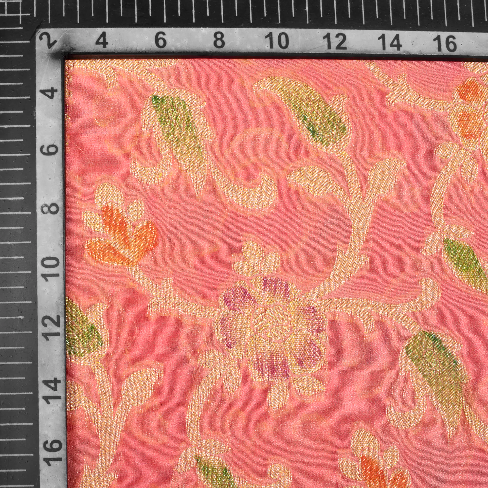 Watermelon Pink And Green Floral Pattern Zari Jacquard Banarasi Chiffon Satin Fabric