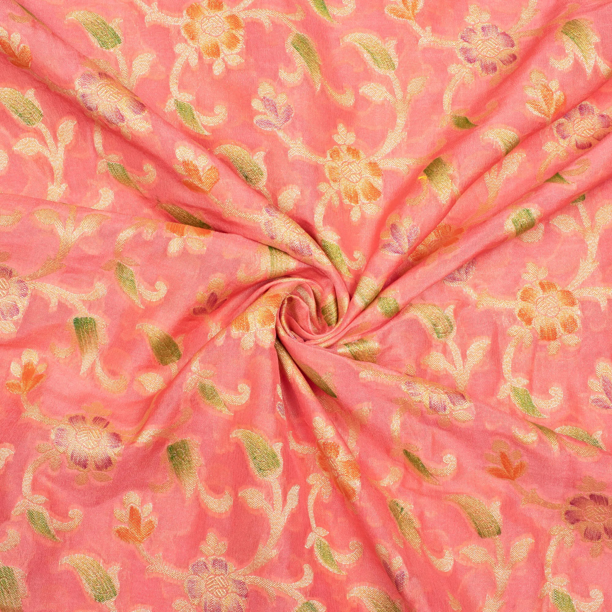 Watermelon Pink And Green Floral Pattern Zari Jacquard Banarasi Chiffon Satin Fabric