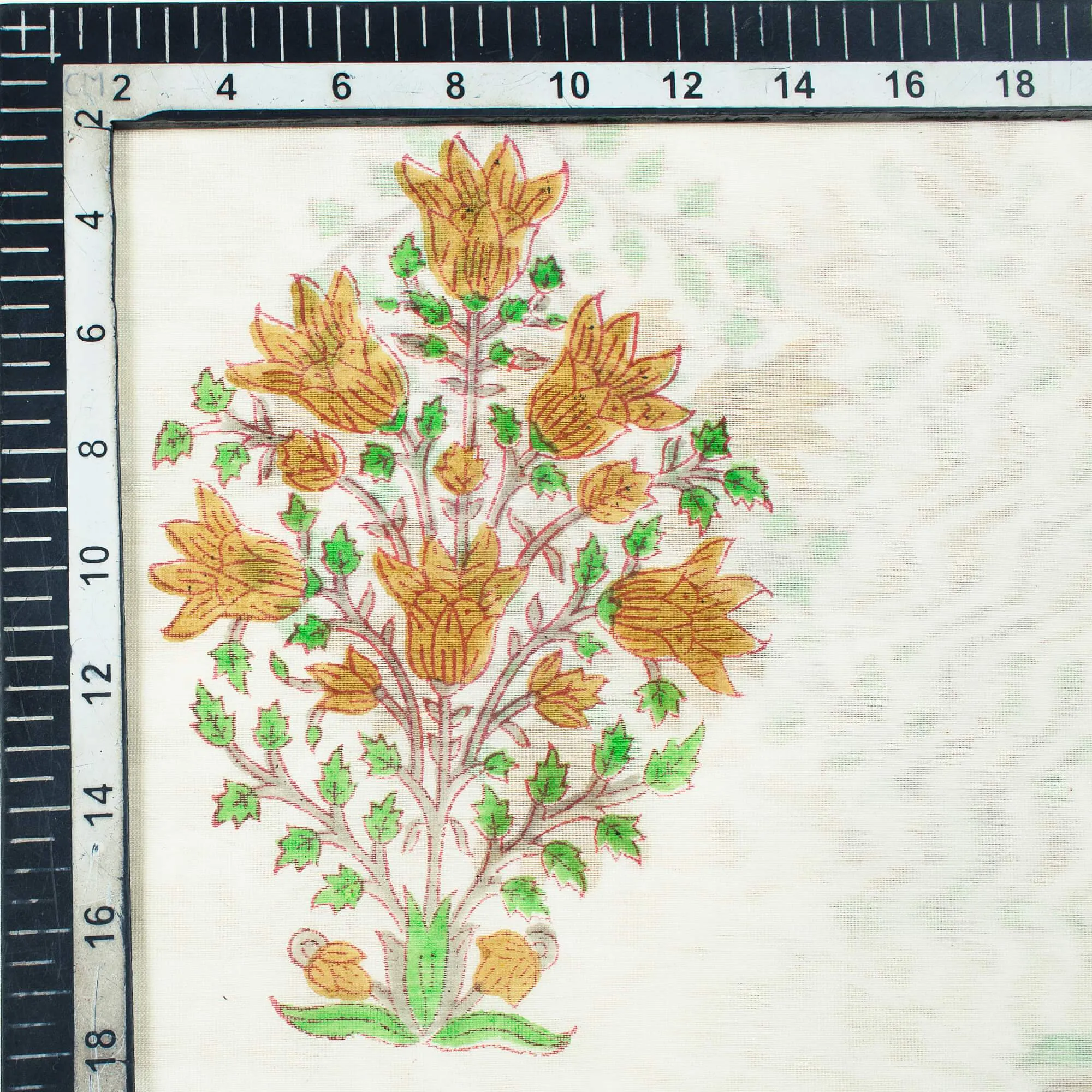 White And Tortilla Beige Floral Pattern Handblock Pure Banarasi Chanderi Fabric