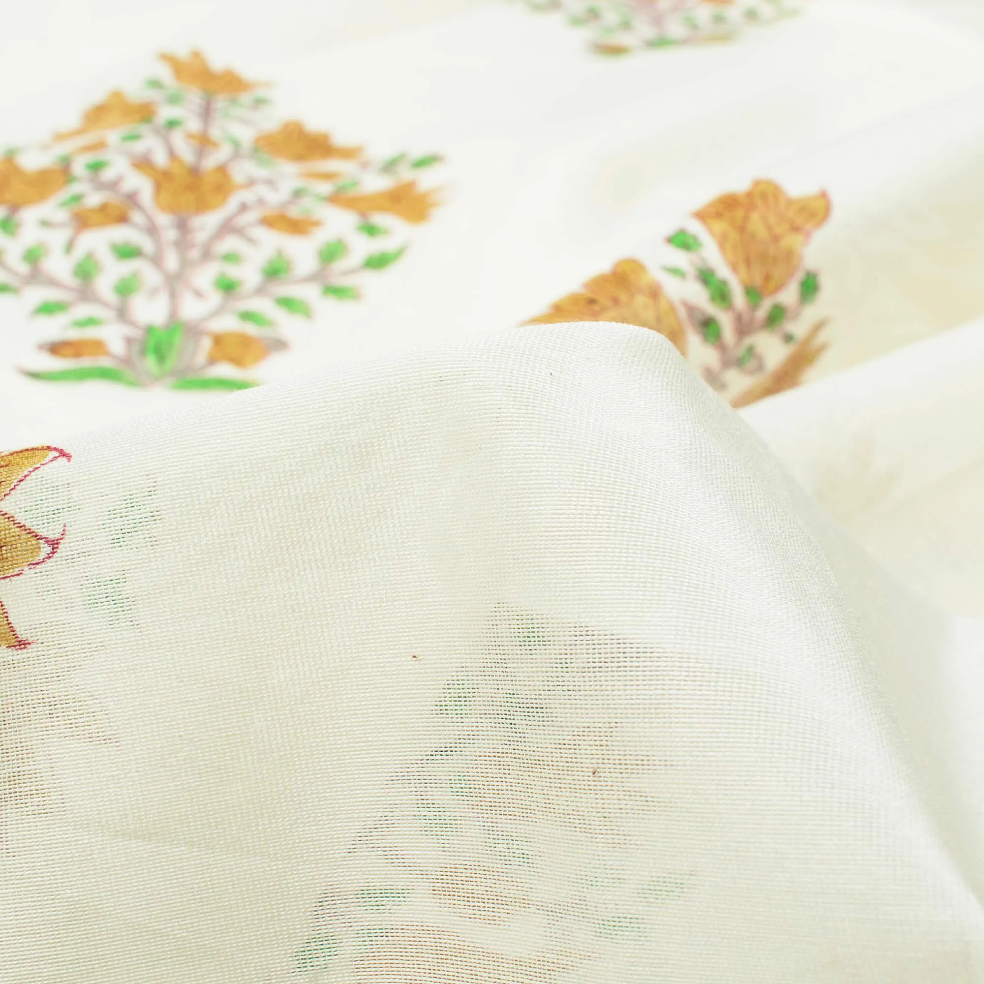 White And Tortilla Beige Floral Pattern Handblock Pure Banarasi Chanderi Fabric