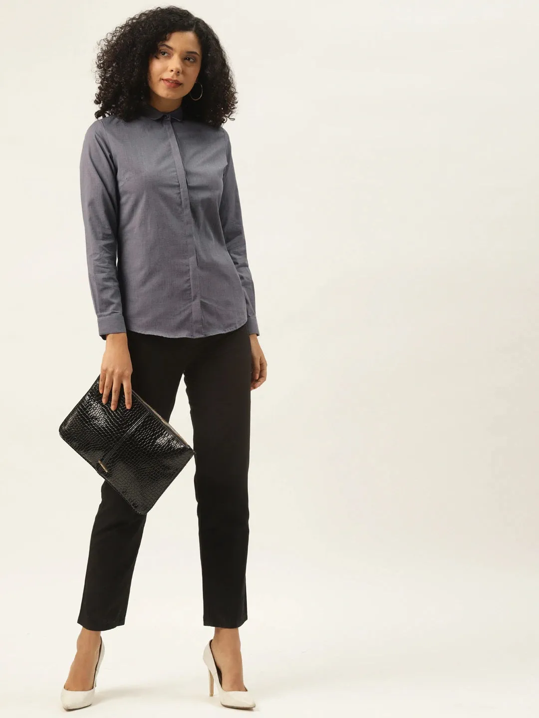 Women Grey Solids Pure Cotton Slim Fit Formal Shirt